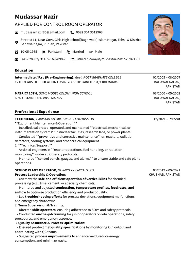 Control Room Operator Resume - Mudassar Nazir | PDF | Distillation ...