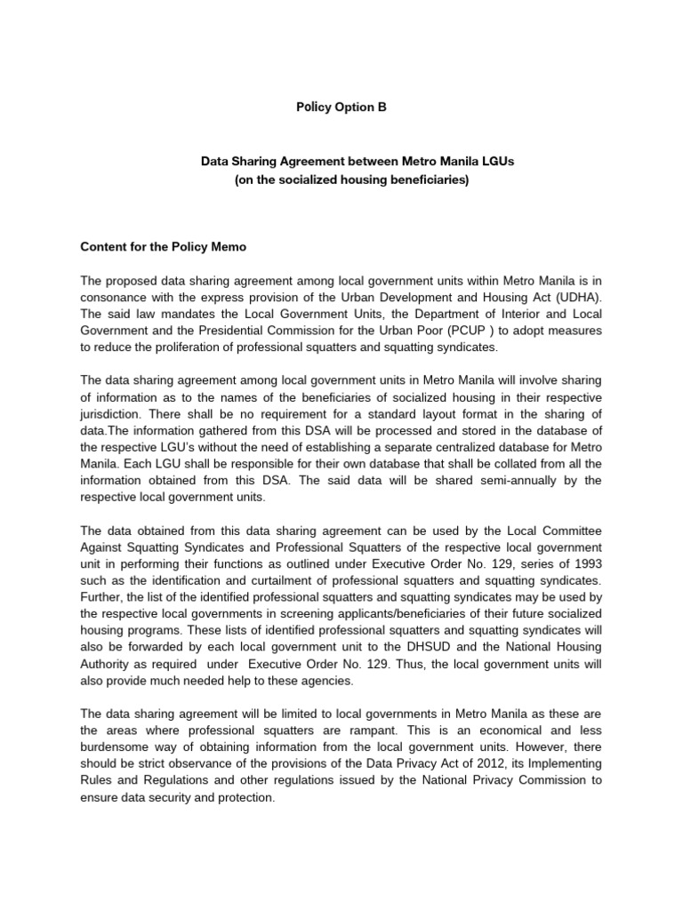 Policy Option B Data Sharing Agreement Between Metro Manila LGUs of ...