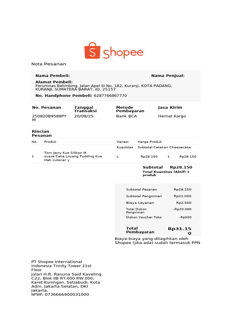 Nota Pesanan Shopee: Rincian Pembayaran | PDF
