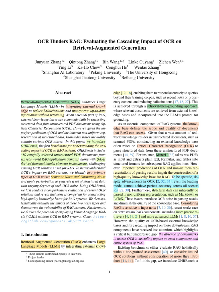 OCR Hinders RAG Evaluating The Cascading Impact of OCR On RAG | PDF ...