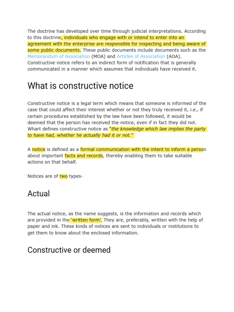 Constructive Notice in Company Law | PDF | Articles Of Association ...