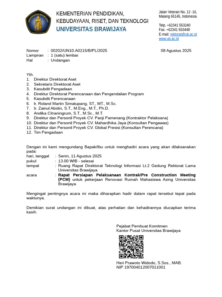 Undangan Rapat PCM Renovasi UB | PDF