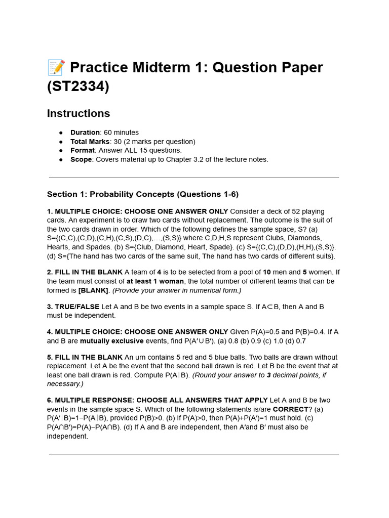ST2334 Practice Midterm 1 Questions | PDF | Probability Distribution ...