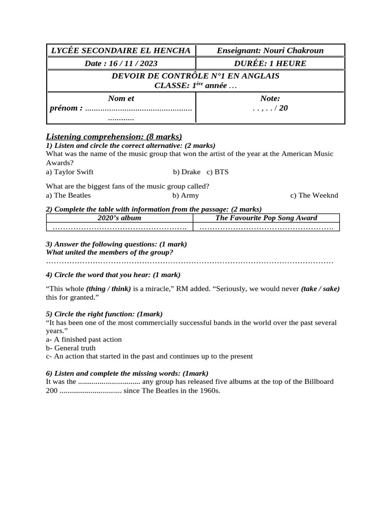 English Control Test for 1st Year Students | PDF | Singing | Chef