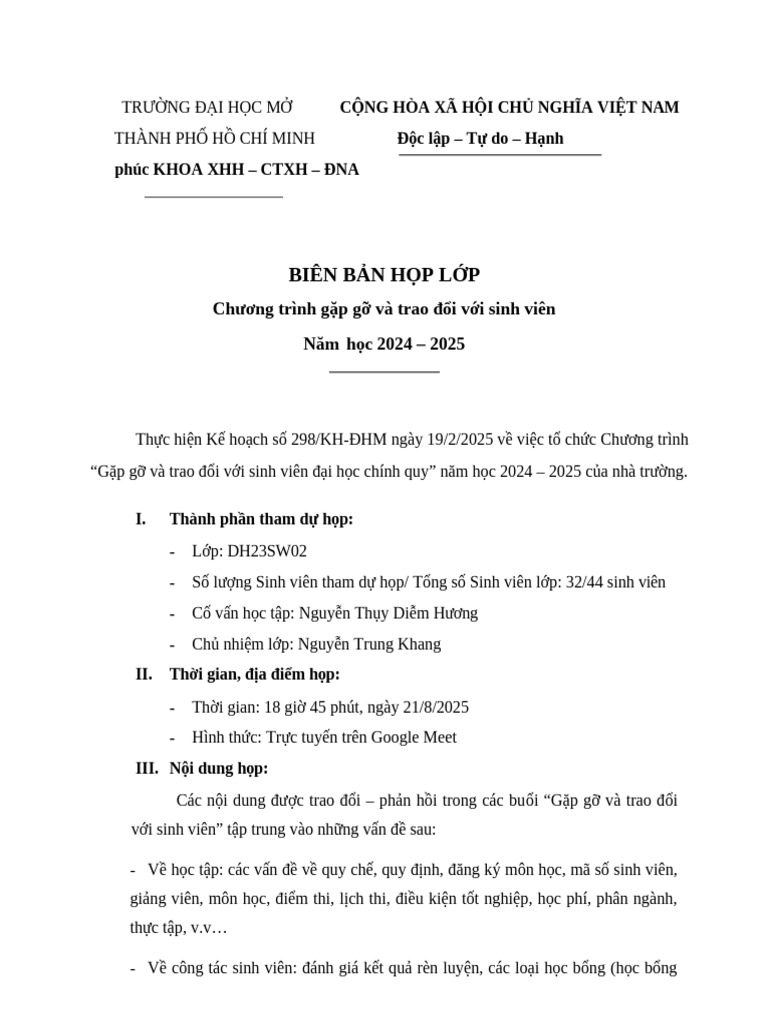 Biên Bản Họp Lớp DH23SW02 | PDF