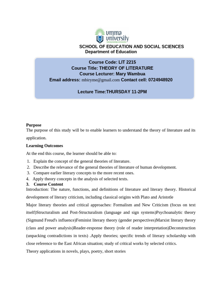Umma Lit 2215 Theory of Literature Course Outline F | PDF | Literary ...
