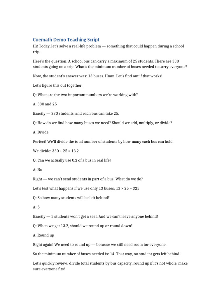 Cuemath Bus Capacity Teaching Script | PDF