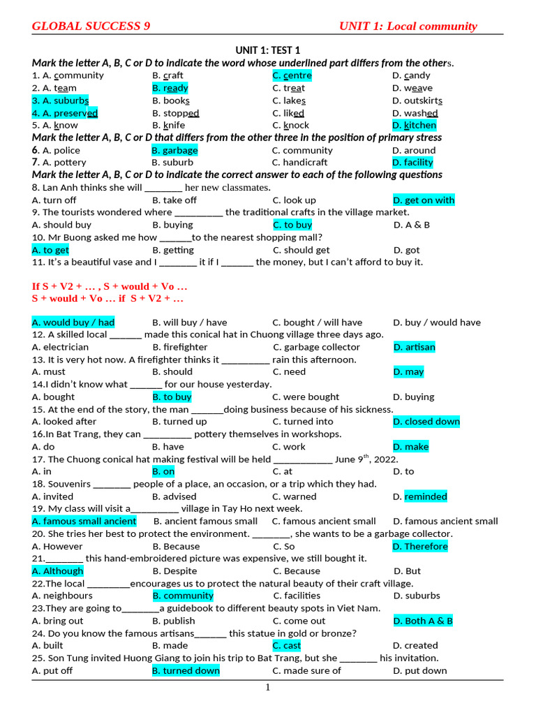 Bài Tập Bổ Trợ Global Success 9 UNIT 1 (PRACTICE TEST) - KEY | PDF