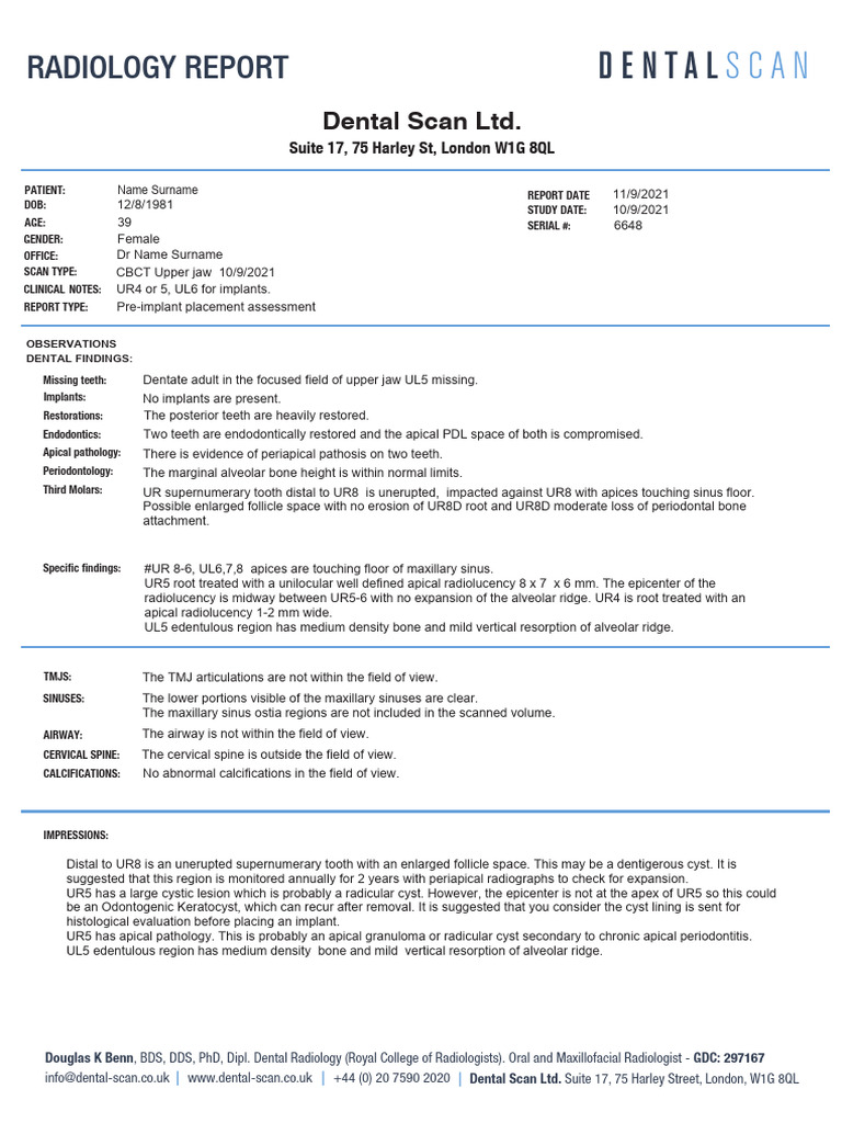 Dental CBCT Report: Upper Jaw Findings | PDF | Dental Anatomy | Dental ...