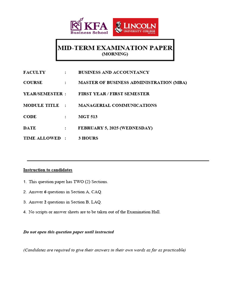 MBA Managerial Communications Exam Guide | PDF | Communication ...