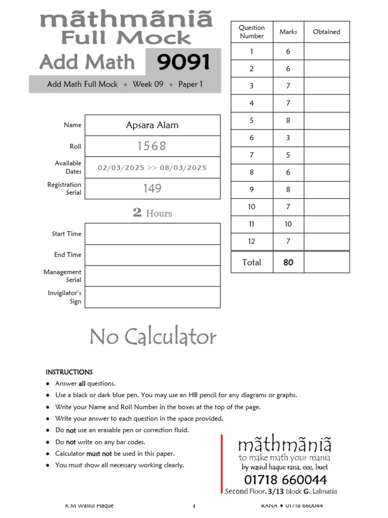 9091 Add Math Full Mock Week 09 Paper 1 | PDF | Factorization | Mechanics