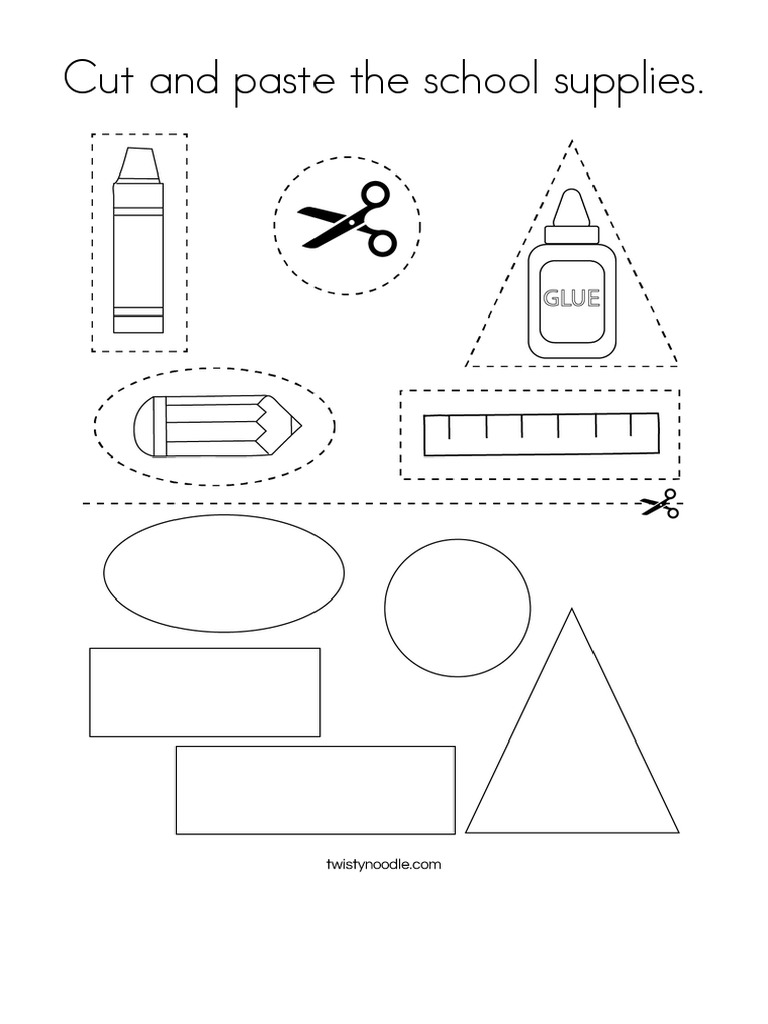 Cut and Paste The School Supplies Coloring Page - Twisty Noodle | PDF