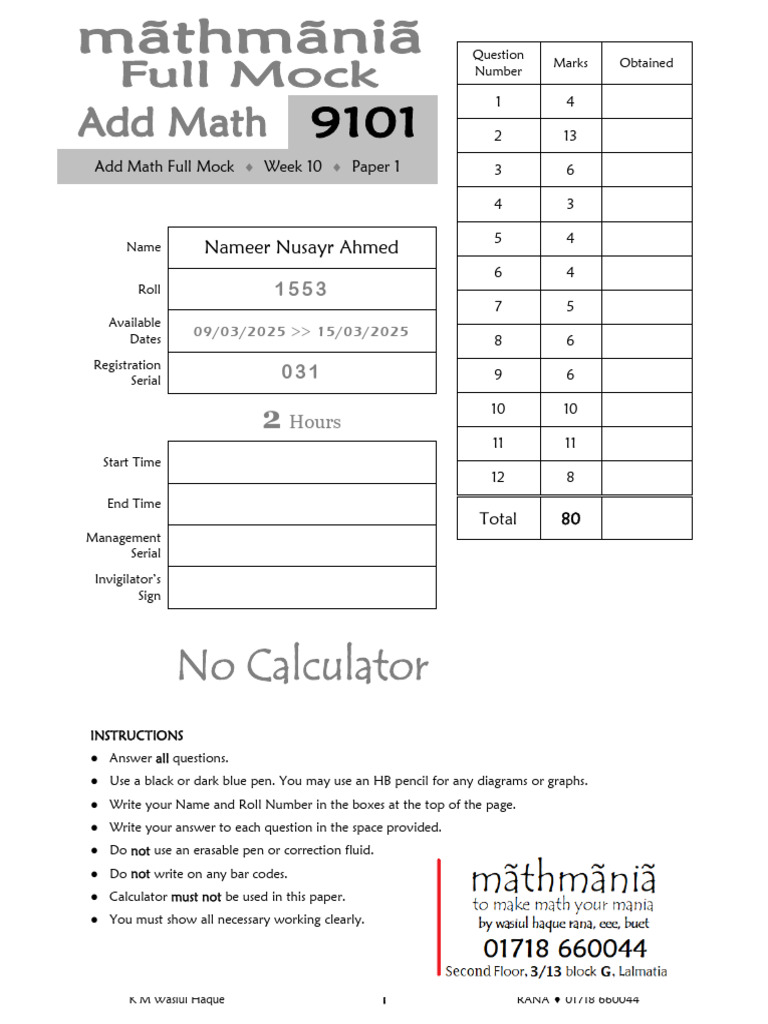 9101 Add Math Full Mock Week 10 Paper 1 | PDF | Mathematical Objects ...