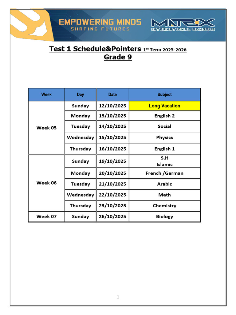 Grade 9 Test 1 Schedule 2025-2026 | PDF | English Language | Linguistics