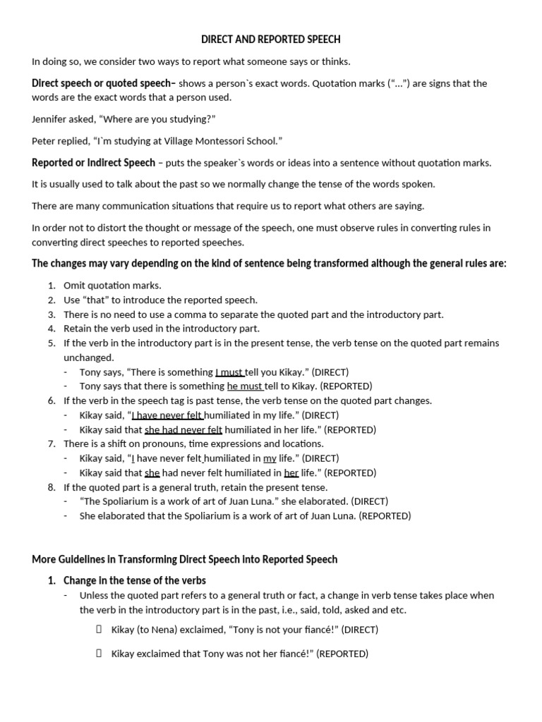 Direct and Reported Speech Lecture | PDF | Verb | Linguistics