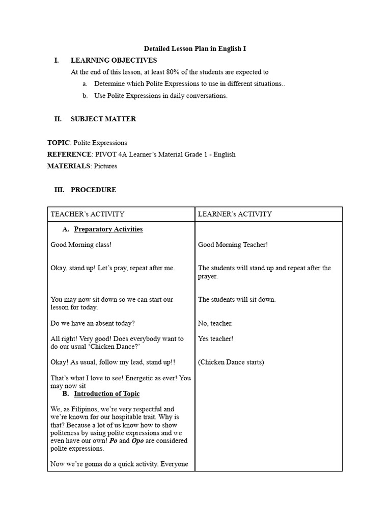 Polite Expressions Lesson Plan | PDF | Human Communication | Learning