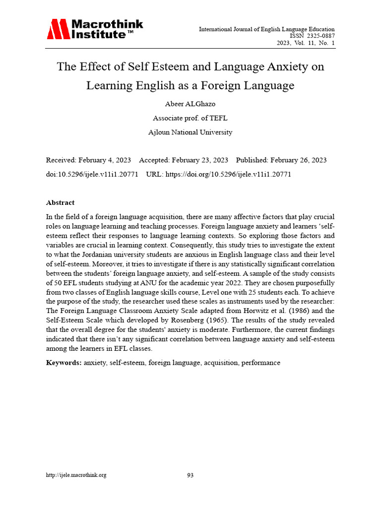 Impact of Self-Esteem on EFL Anxiety | PDF | Self Esteem | English As A ...