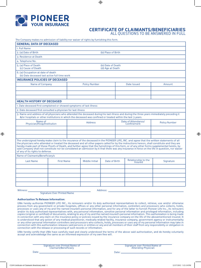 CL09 Certificate of Claimants Beneficiary | PDF | Insurance | Common Law
