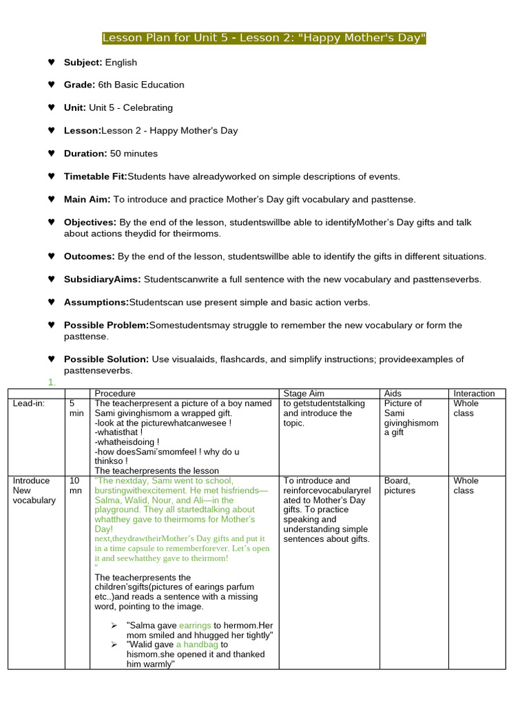 Mother's Day Lesson Plan for 6th Grade | PDF | Linguistics | Human ...