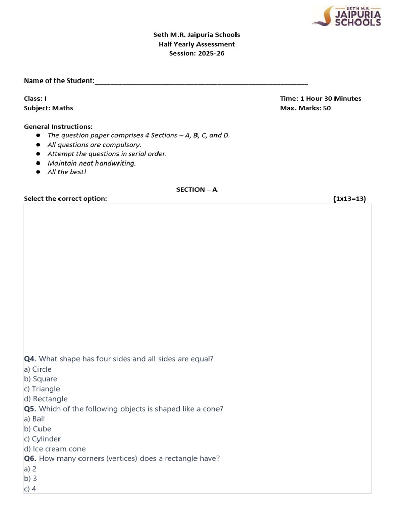 CL1 - Math - Model Paper | PDF | Geometric Objects | Geometric Shapes