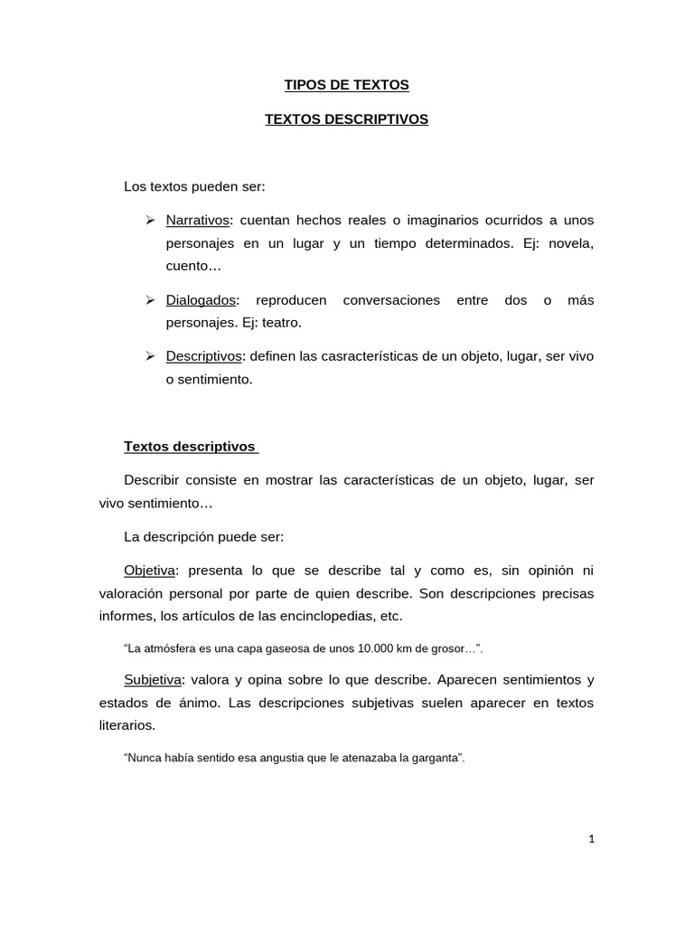 Tipos de Textos Descriptivos | PDF