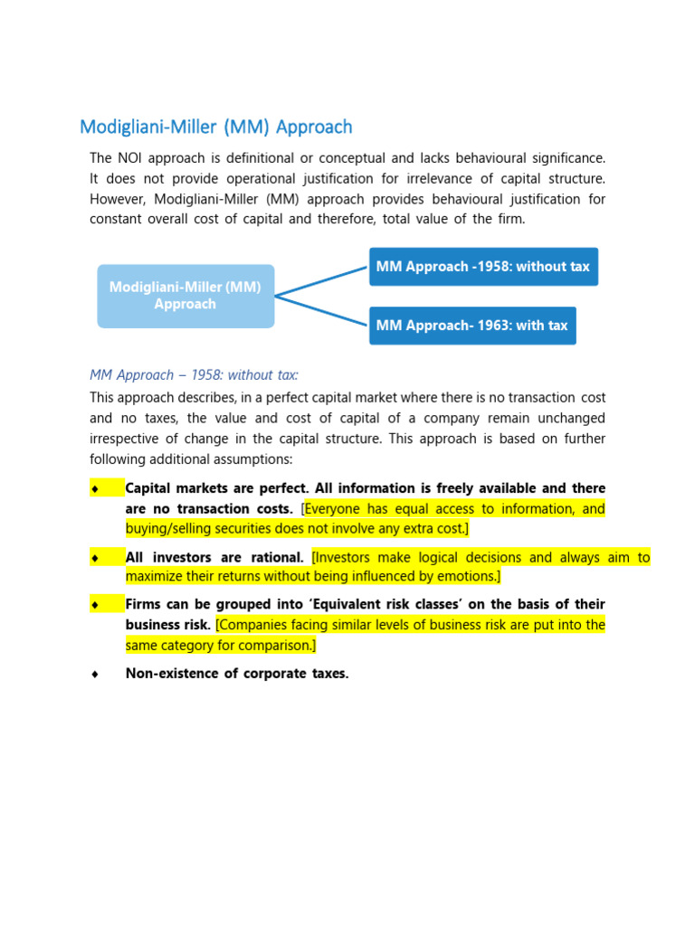 Modigliani-Miller Approach in Finance | PDF | Capital Structure | Cost ...