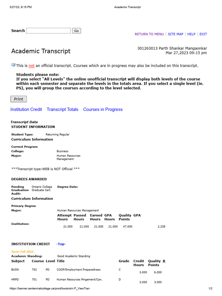 Unofficial Academic Transcript Summary | PDF | Business Ethics | Academia