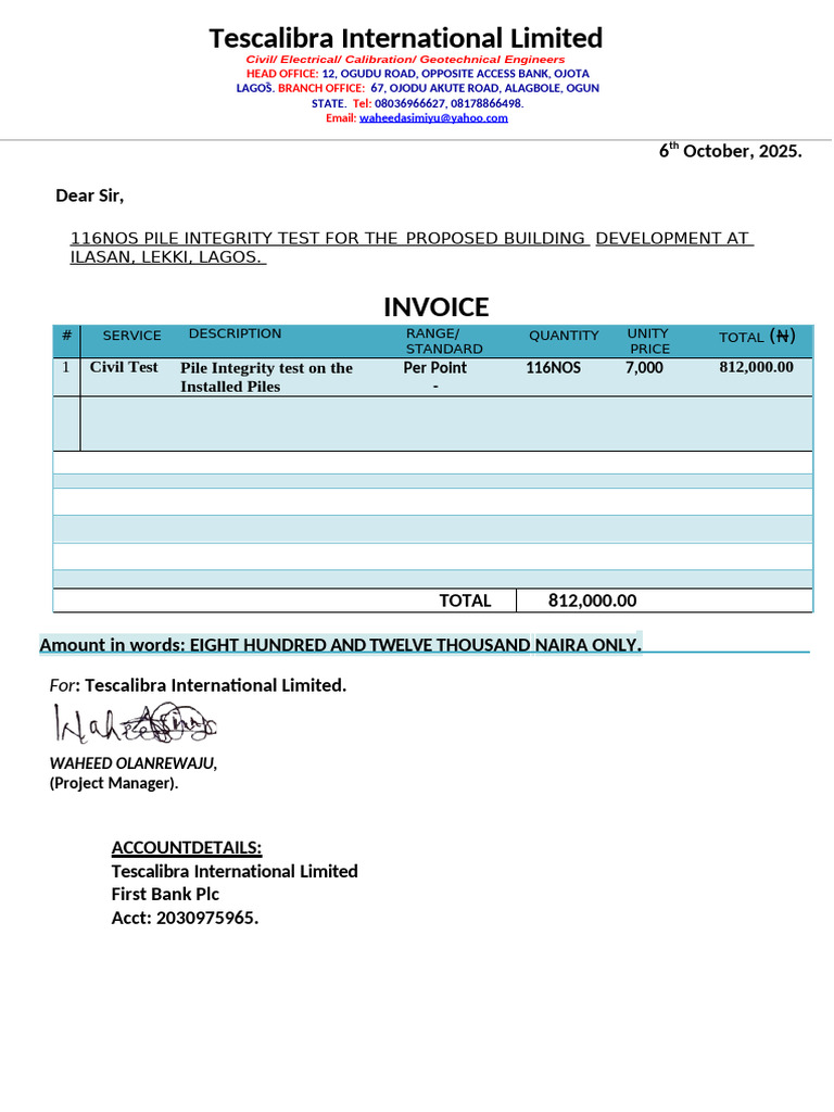 Invoice On 116nos Pile Integrity Test For The Proposed Building ...