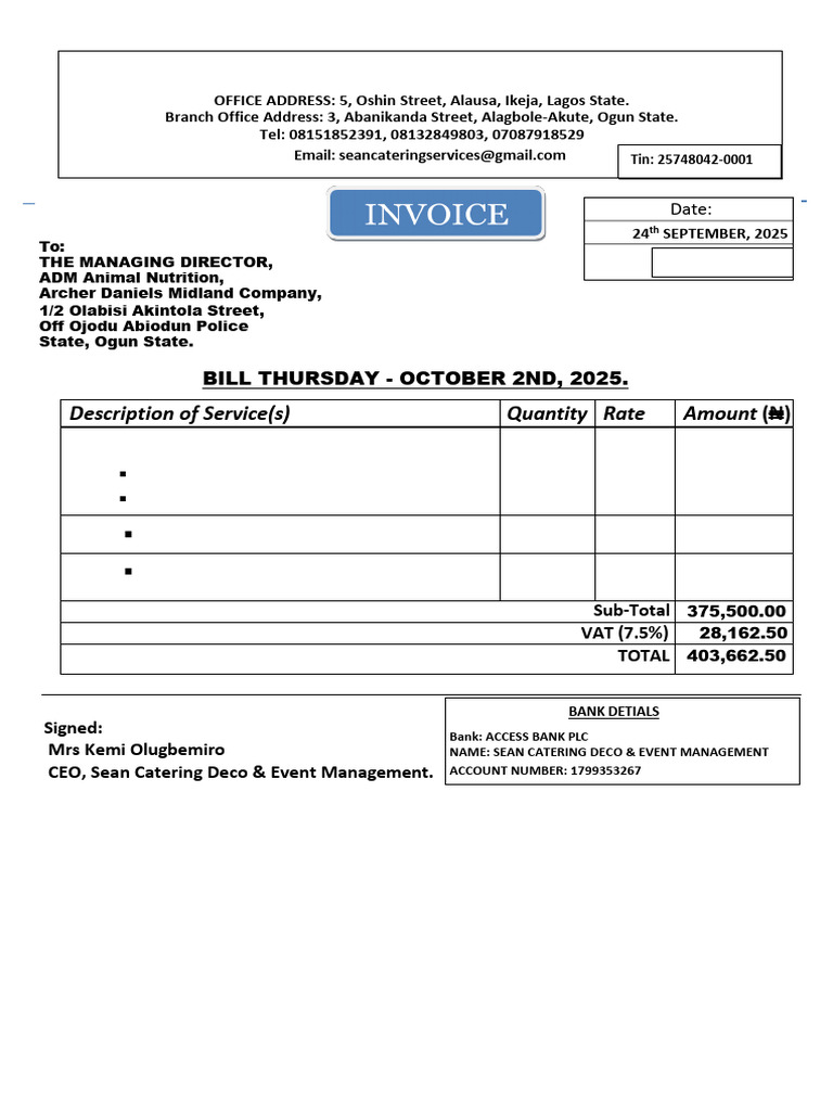 Sean Catering Deco & Event Management INVOICE 104 | PDF