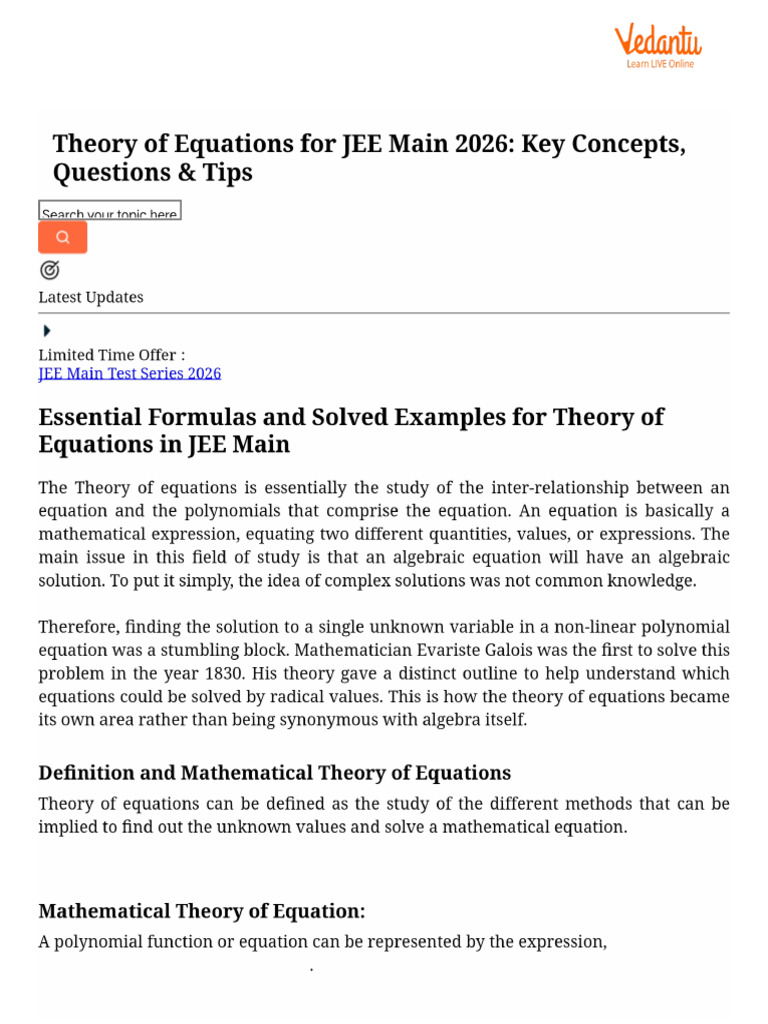 Theory of Equations For JEE Main 2026 - Key Concepts, Questions & Tips ...