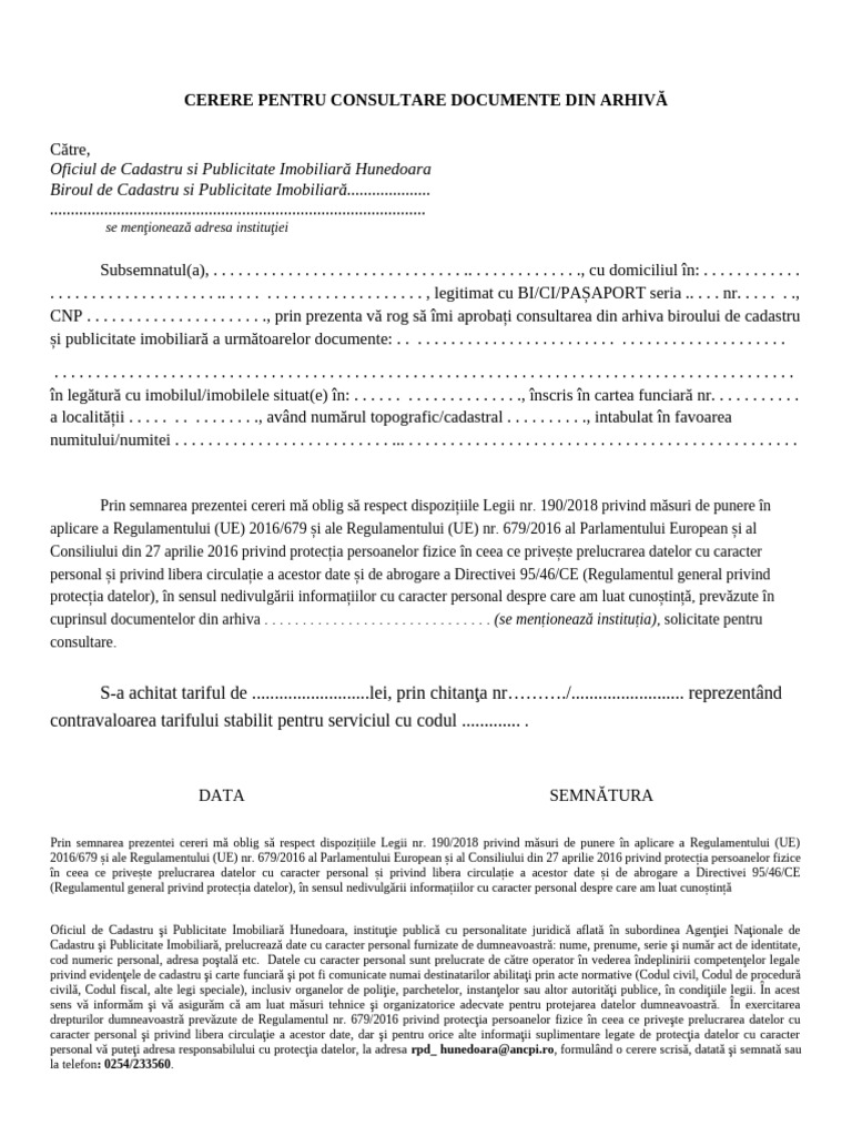 Cerere Pentru Consultare Documente Din Arhiva | PDF