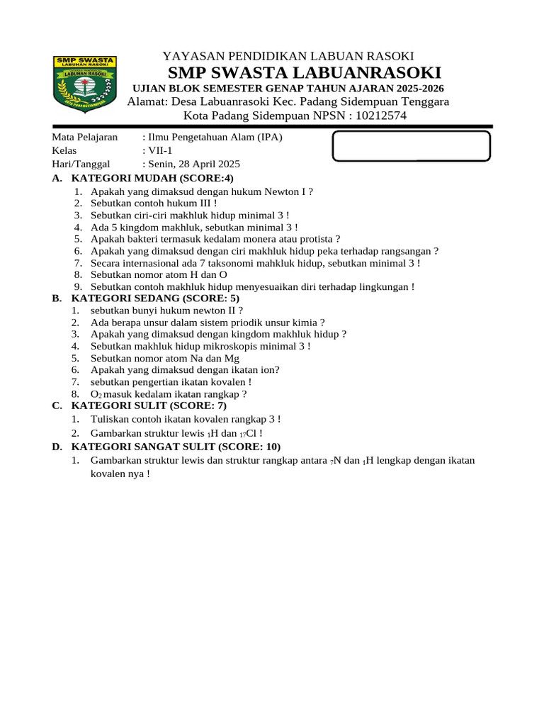 Ujian IPA Kelas VII SMP Labuan Rasoki | PDF
