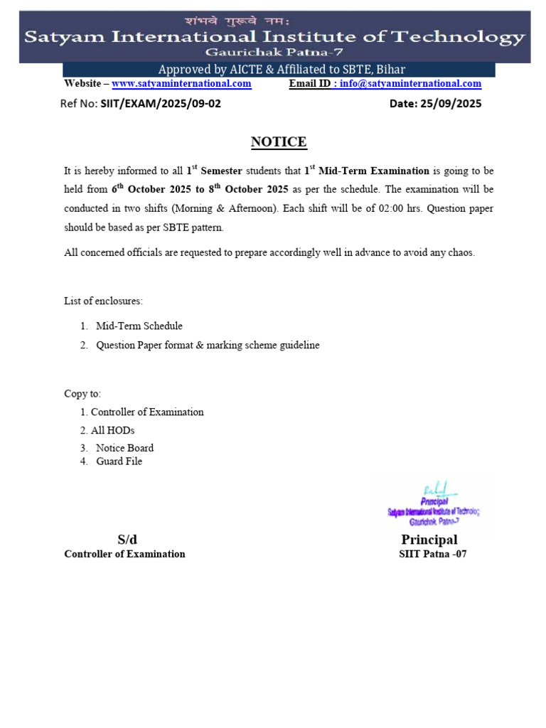 1st Semester Mid-Term Exam Notice - 2025 | PDF