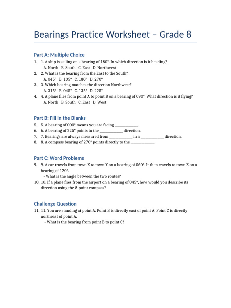 Grade 8 Bearings Practice Worksheet | PDF