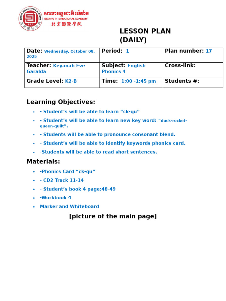 Phonics Lesson Plan for K2-B Students | PDF | Phonics | Human Communication