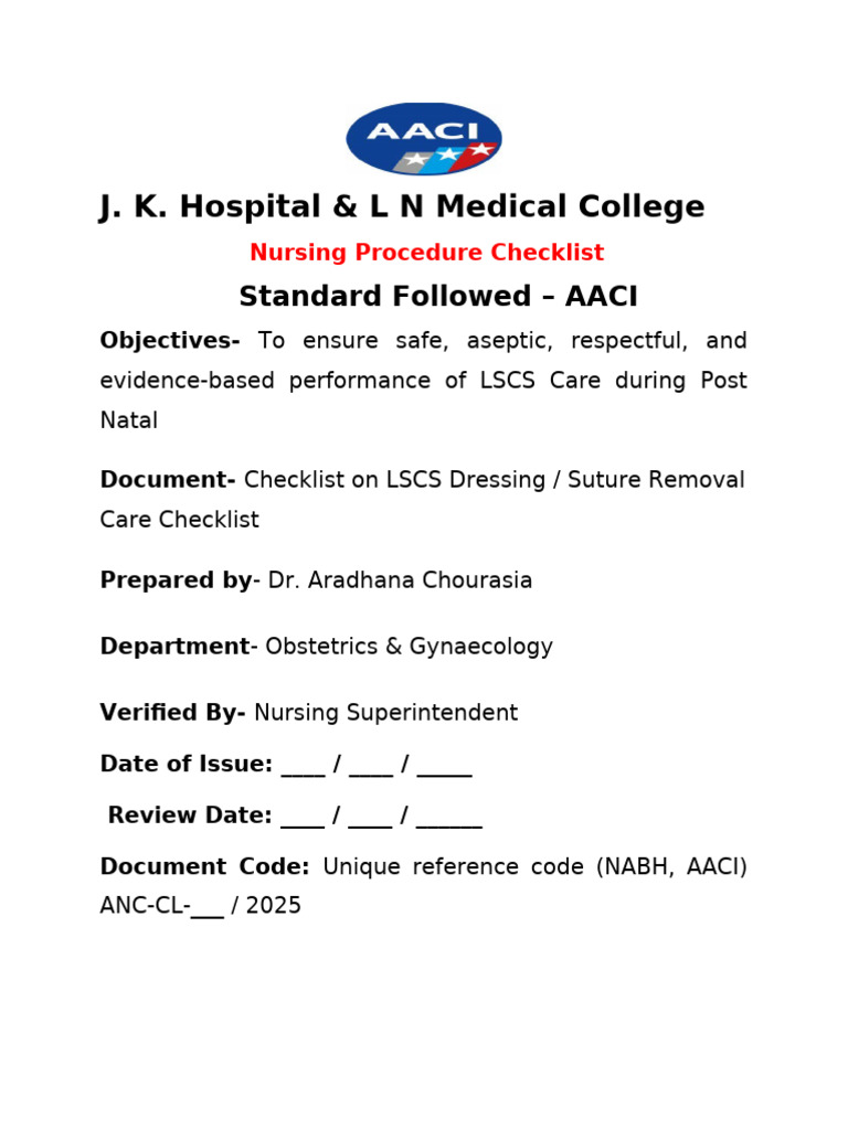 LSCS Postnatal Care Checklist | PDF | Obstetrics | Wound