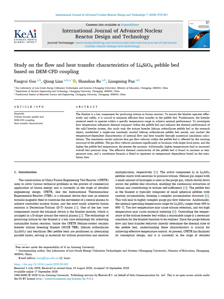 Study On The Flow and Heat Transfer Characteristics of Li4SiO4 Pebble ...