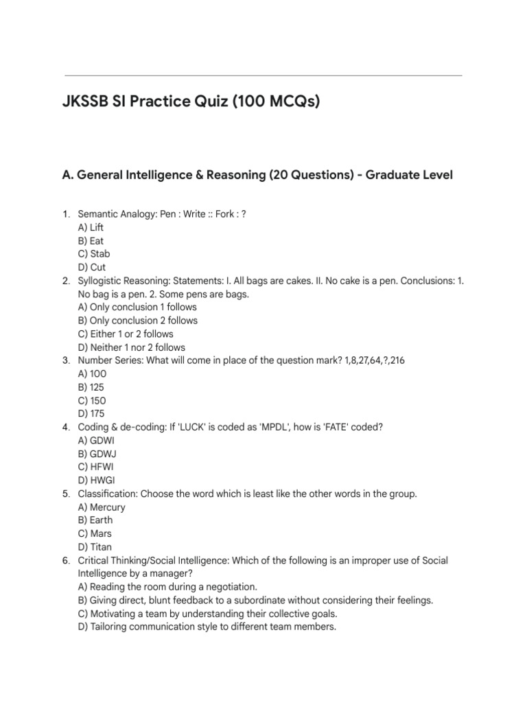 Generate 100 MCQ For JKSSB SI Exam On These Give... | PDF | Circle ...