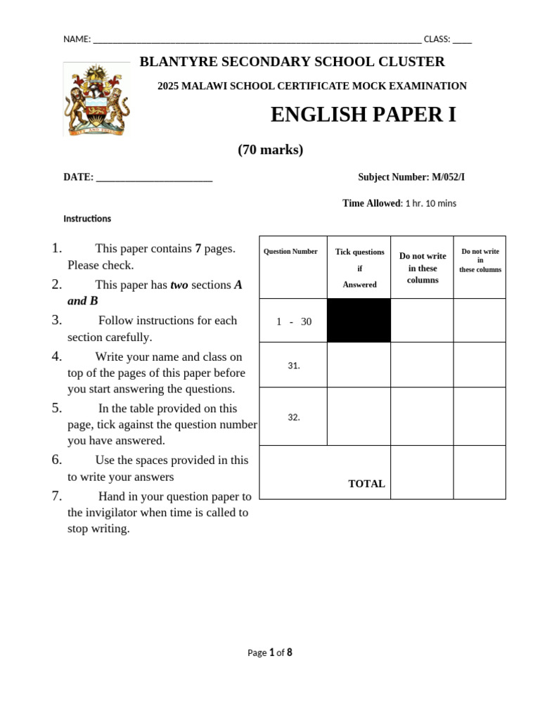 BSS 2025 English Mock Exam Paper | PDF | Adverb | Adjective