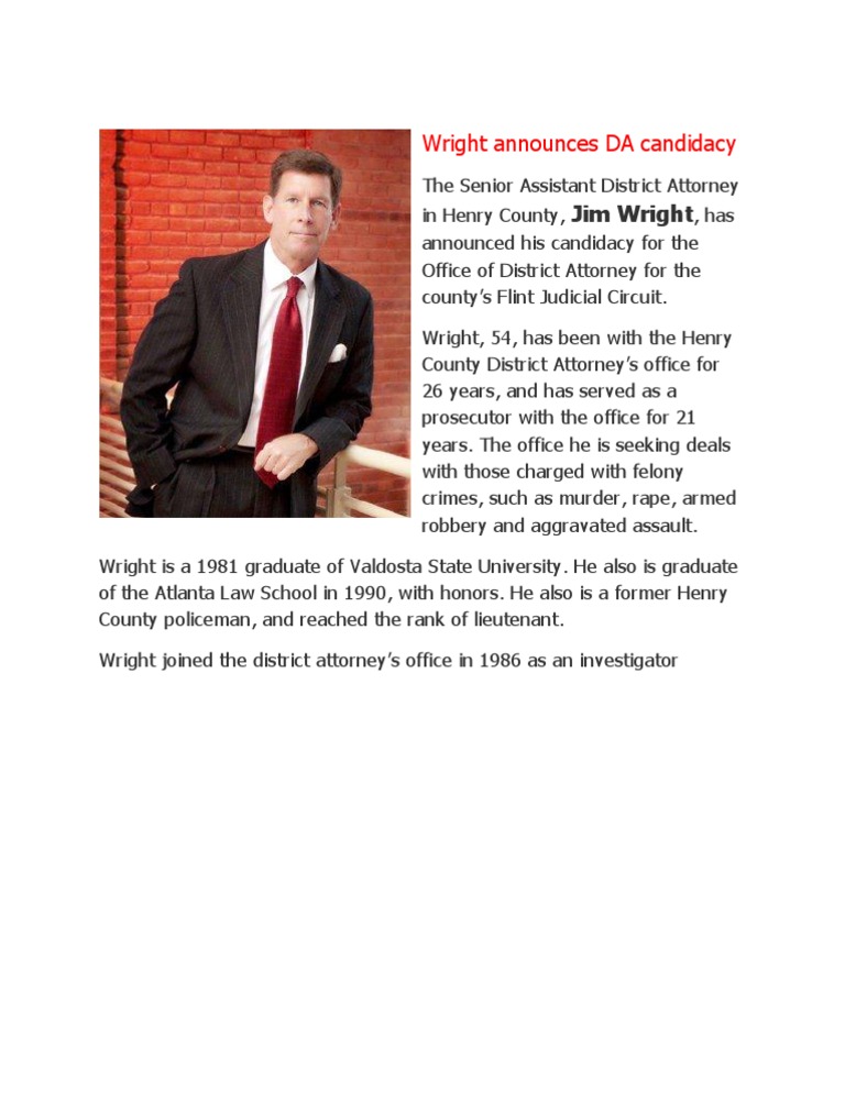 Jim Wright Announces DA Candidacy | PDF