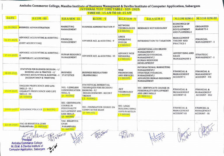 Internal Test Time Table First Session | PDF | Business Economics ...