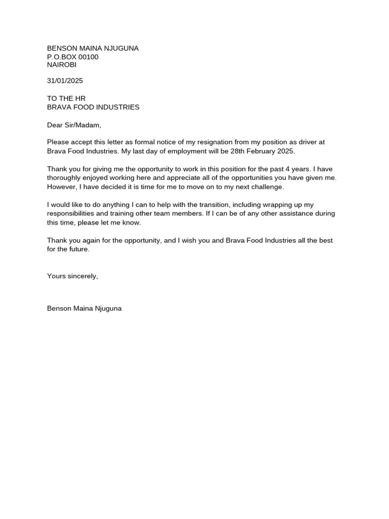 Resignation Letter from Driver at Brava Food | PDF