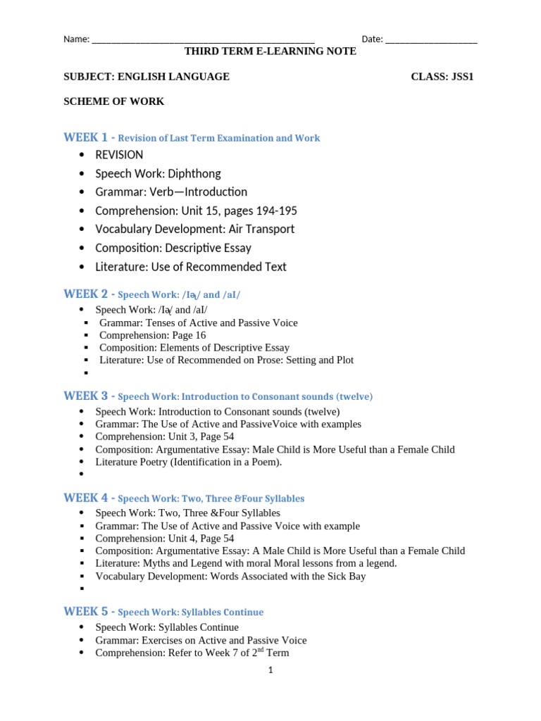 JSS1 English Language E-Learning Notes | PDF | Verb | Angling