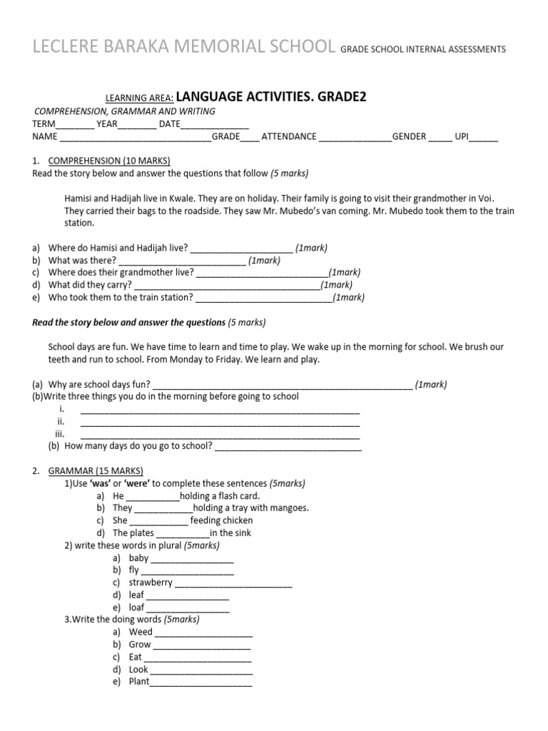 Grade 2 Language Activities Assessment | PDF | Linguistics