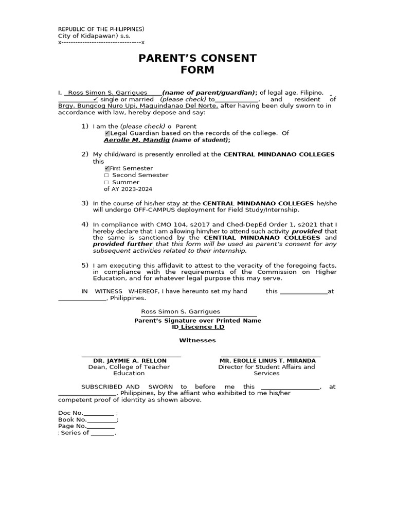 Parent's Consent Form for Internship | PDF | Affidavit | Legal Procedure