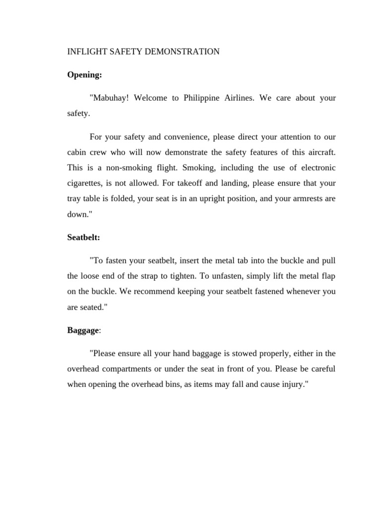 Philippine Airlines Safety Demo Script | PDF