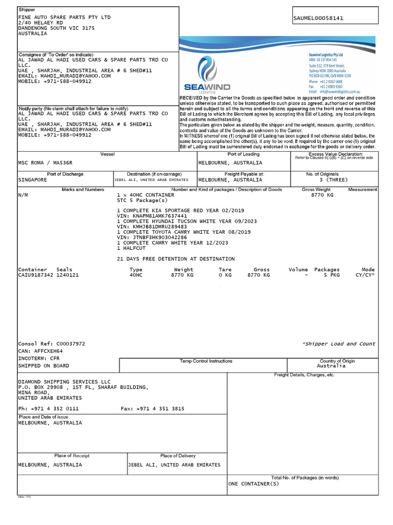 Bill of Lading for Auto Parts Shipment | PDF | Bill Of Lading | Cargo