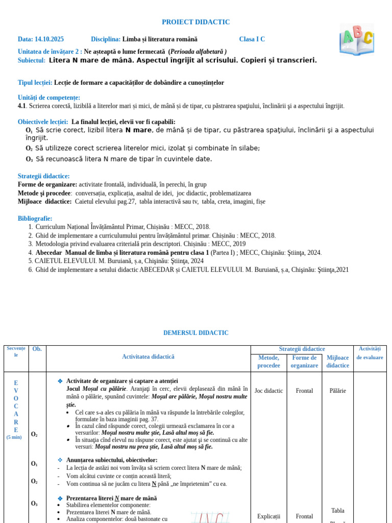 Lecția 5 Litera N Mare de Mână. Aspectul Îngrijit, Copieri, Transcrieri ...
