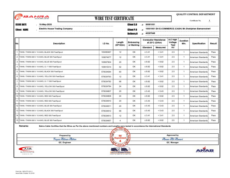 Wire Test Certificate for THHN Wires | PDF | Electricity | Electrical ...