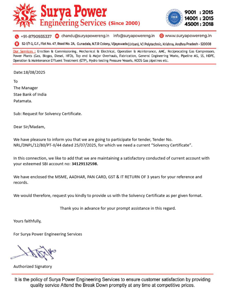 Request for SBI Solvency Certificate | PDF